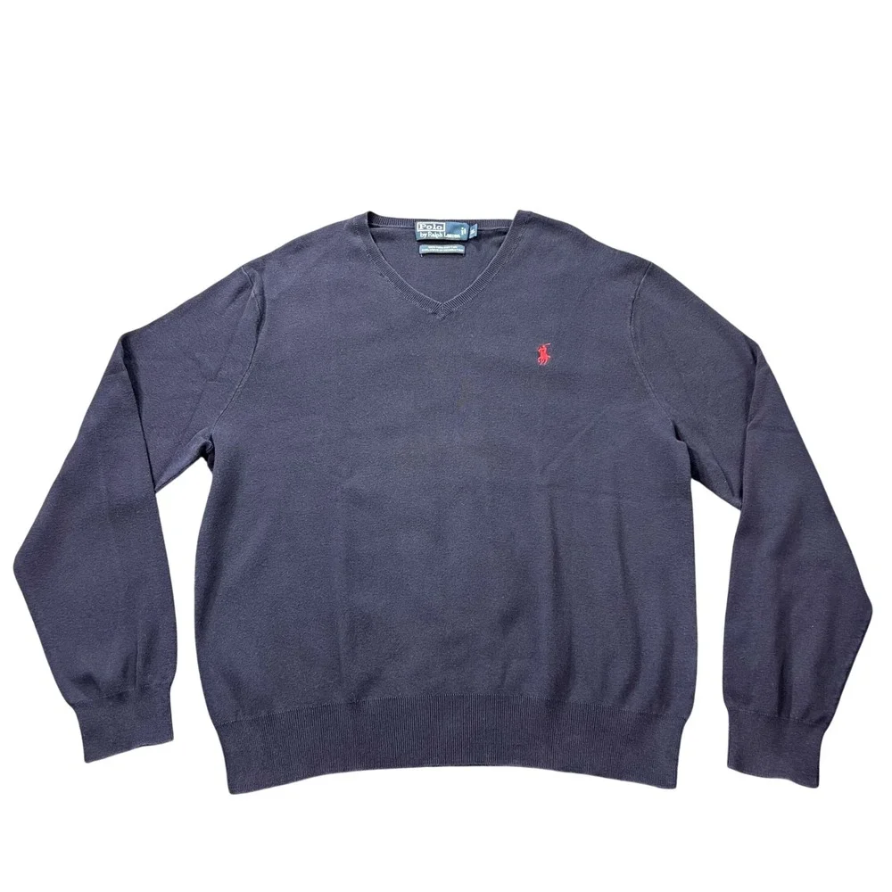 VTG Polo Ralph Lauren Mens XL V-Neck Sweater Dark Navy 100% Pima Cotton Red Pony